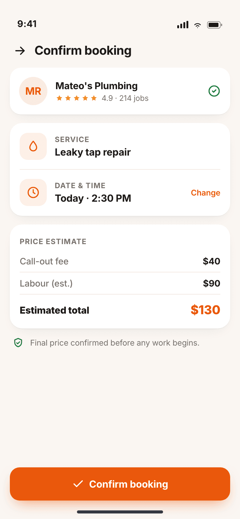 Booking flow confirming a time slot and price estimate