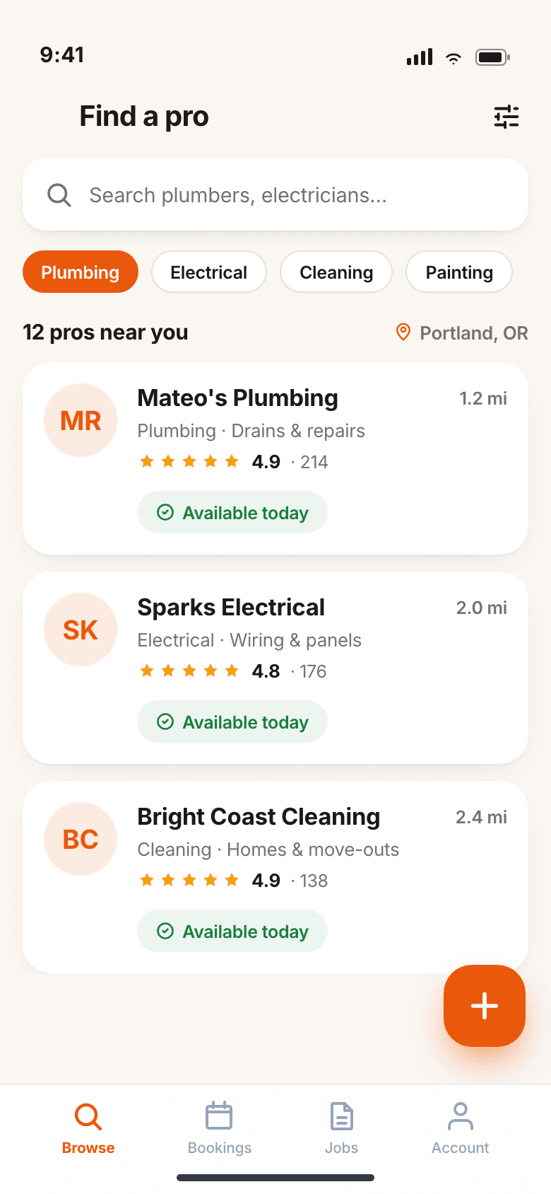 Browse screen listing nearby vetted tradespeople with ratings