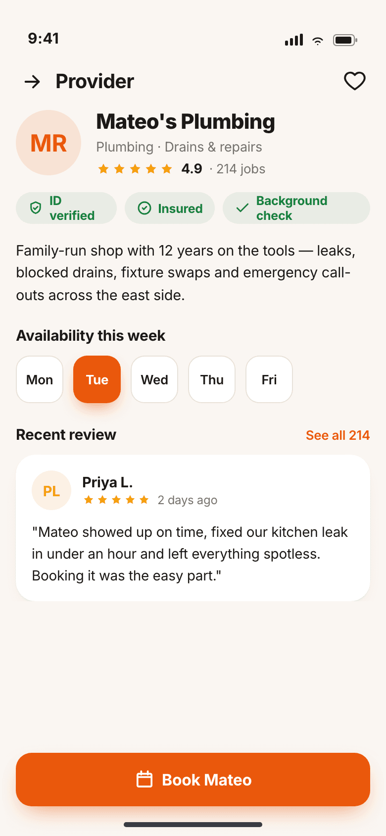 Provider profile showing verification badges, reviews, and availability