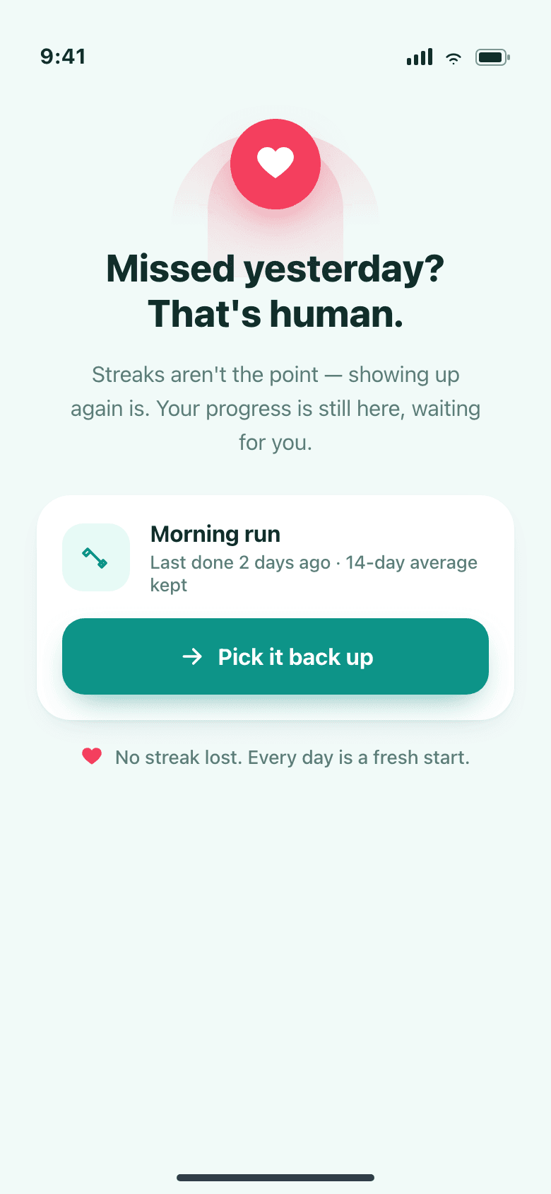 Recovery state encouraging the user to restart after a missed day