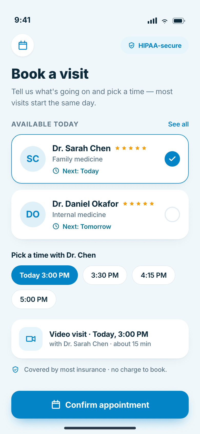 Appointment booking screen showing available clinicians and time slots