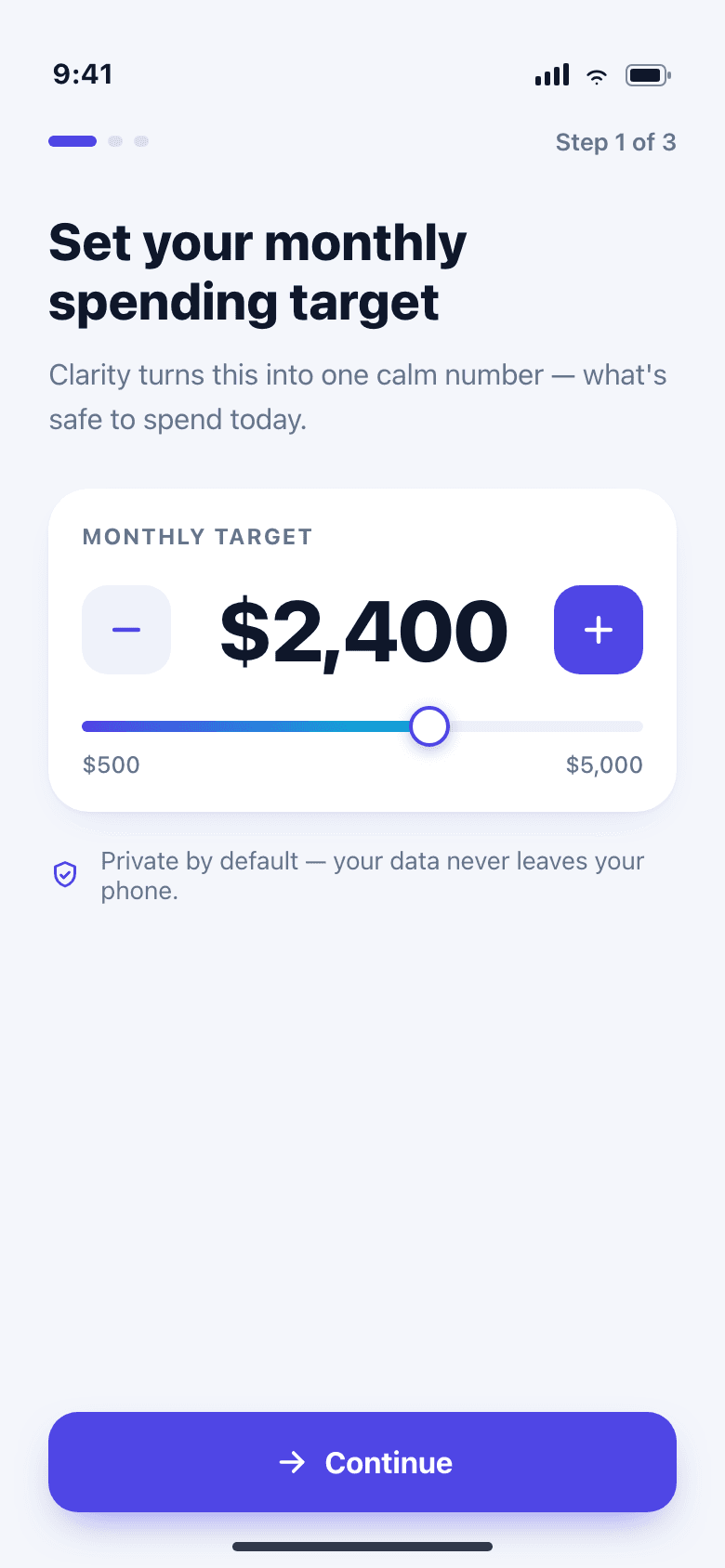 Three-step onboarding setting a single monthly spending target